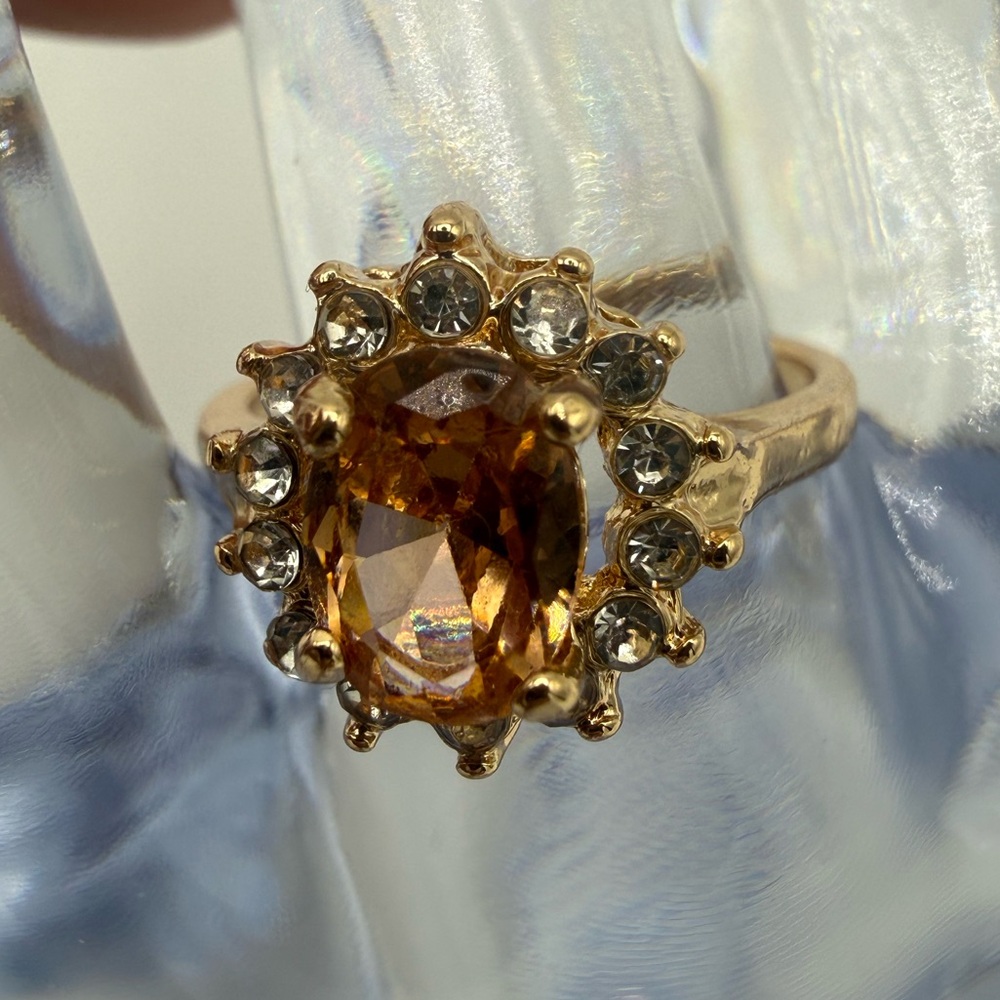Gold-Tone Amber Halo Ring with Clear Accent Stones